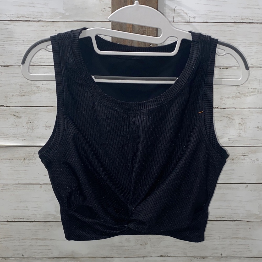 Offline by Aerie Black Shine Textured Twist Front Crop Tank
